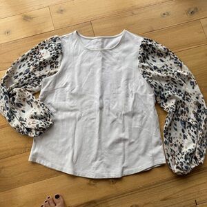 Nine West White Blouse with Animal Print Sleeves